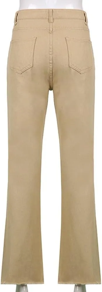 Retro Women's Vintage Streetwear High Waist Straight Pants, High Rise Straight Elastic Jeans (S Khaki)
