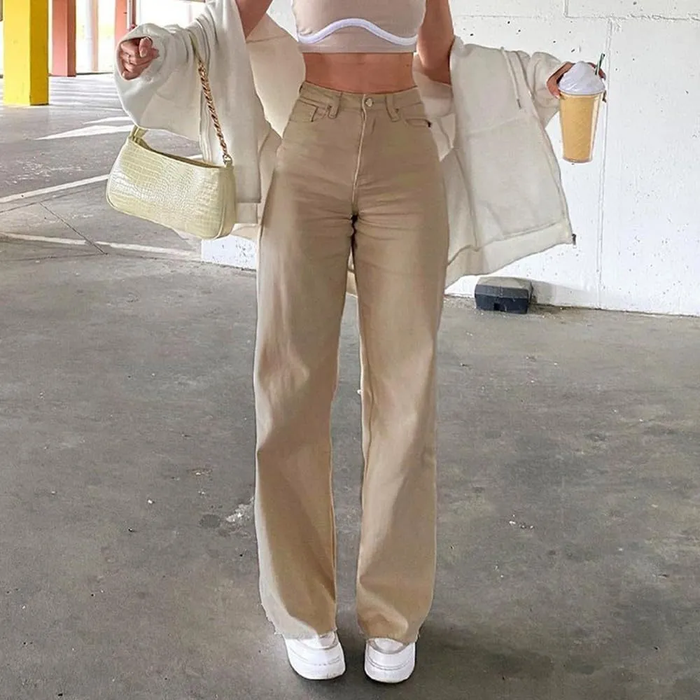 Retro Women's Vintage Streetwear High Waist Straight Pants, High Rise Straight Elastic Jeans (S Khaki)
