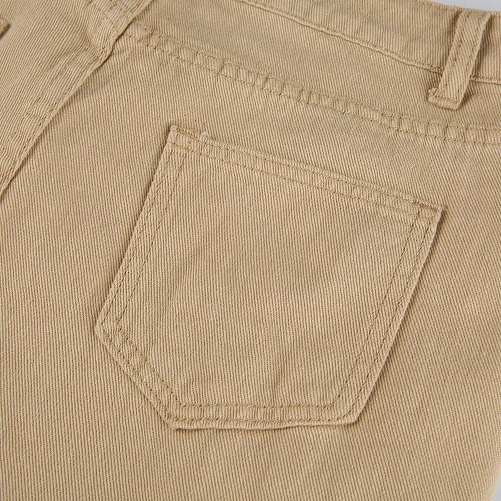 Retro Women's Vintage Streetwear High Waist Straight Pants, High Rise Straight Elastic Jeans (S Khaki)