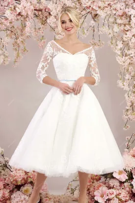 Sheer 3/4 Sleeves Tea Length Dot Tulle Lace Casual Wedding Dress