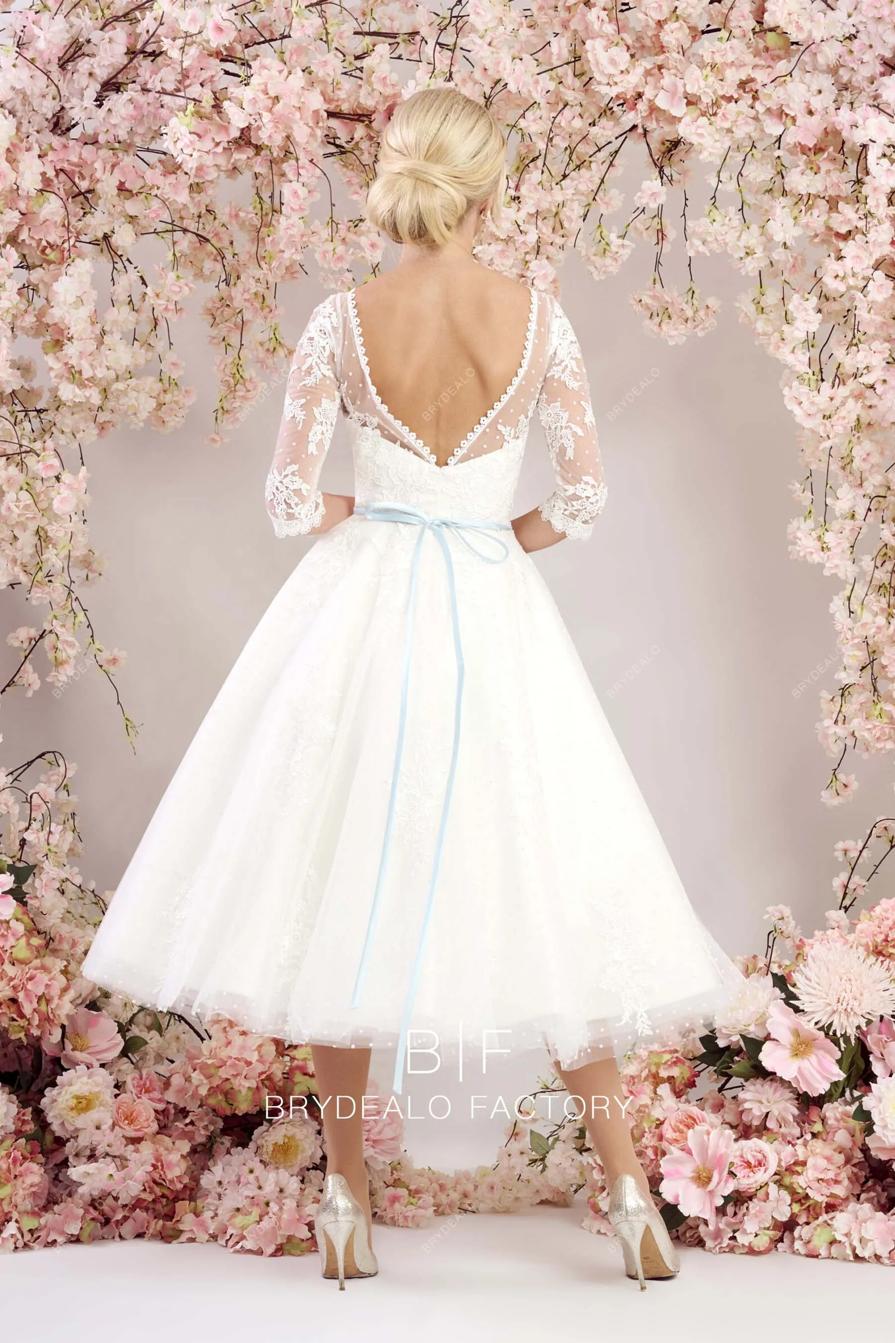 Sheer 3/4 Sleeves Tea Length Dot Tulle Lace Casual Wedding Dress