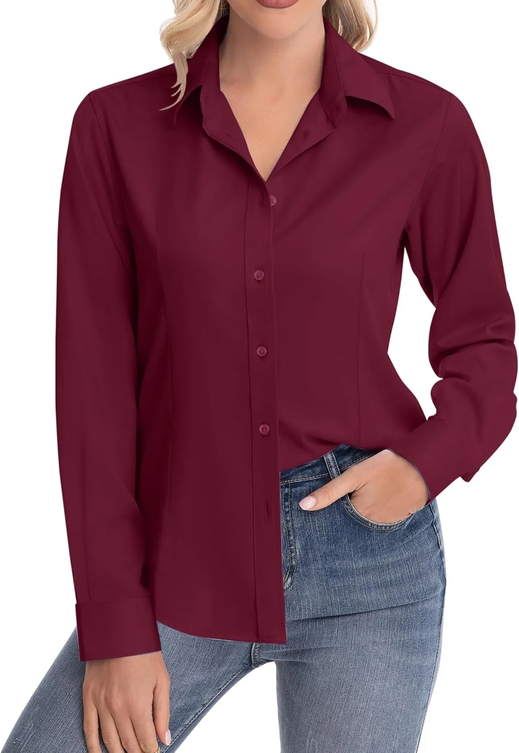siliteelon Womens Classic-Fit Dress Shirts Long Sleeve Button Down Wrinkle-Free Stretch Solid Casual Work Office Blouse Top