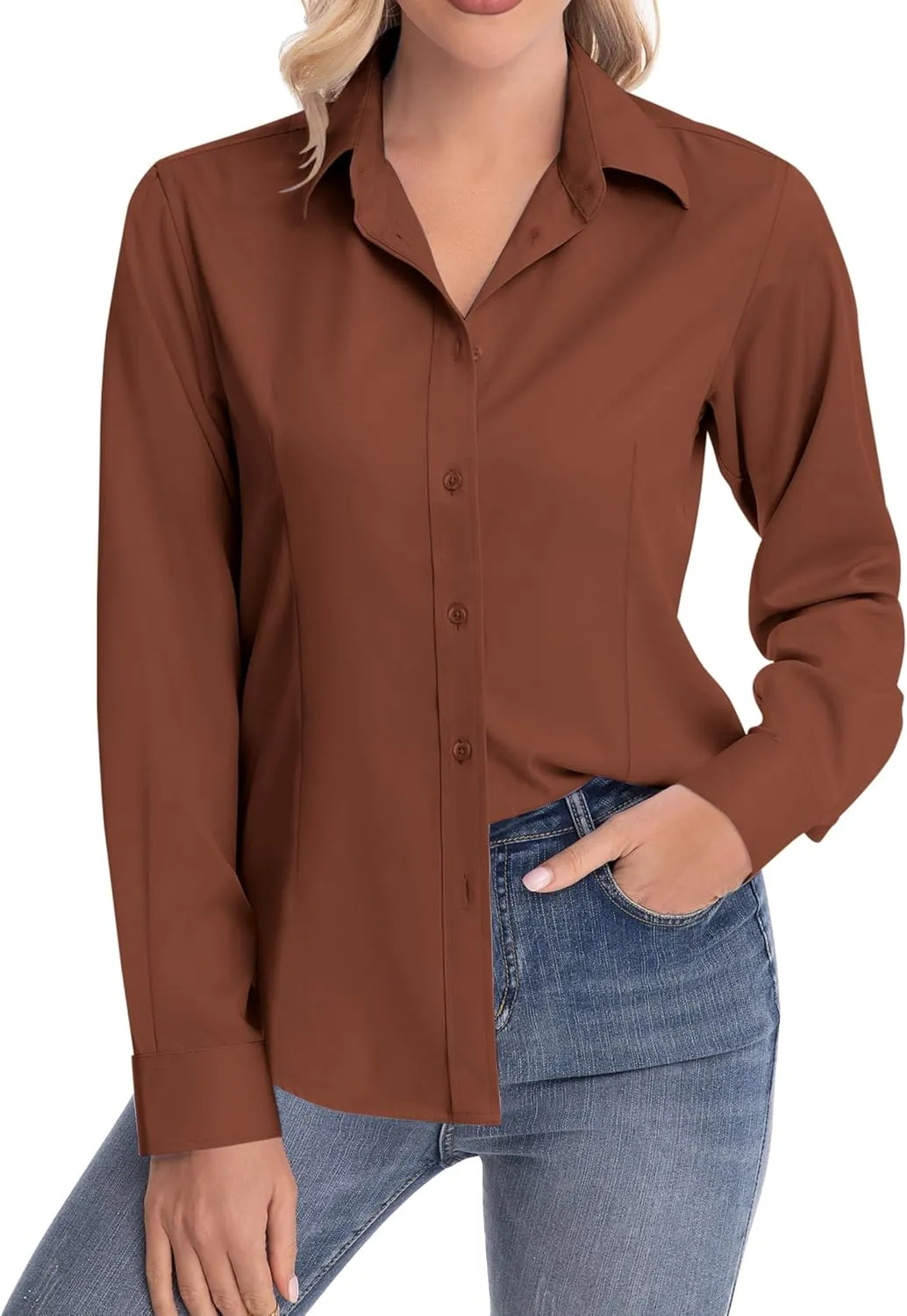 siliteelon Womens Classic-Fit Dress Shirts Long Sleeve Button Down Wrinkle-Free Stretch Solid Casual Work Office Blouse Top