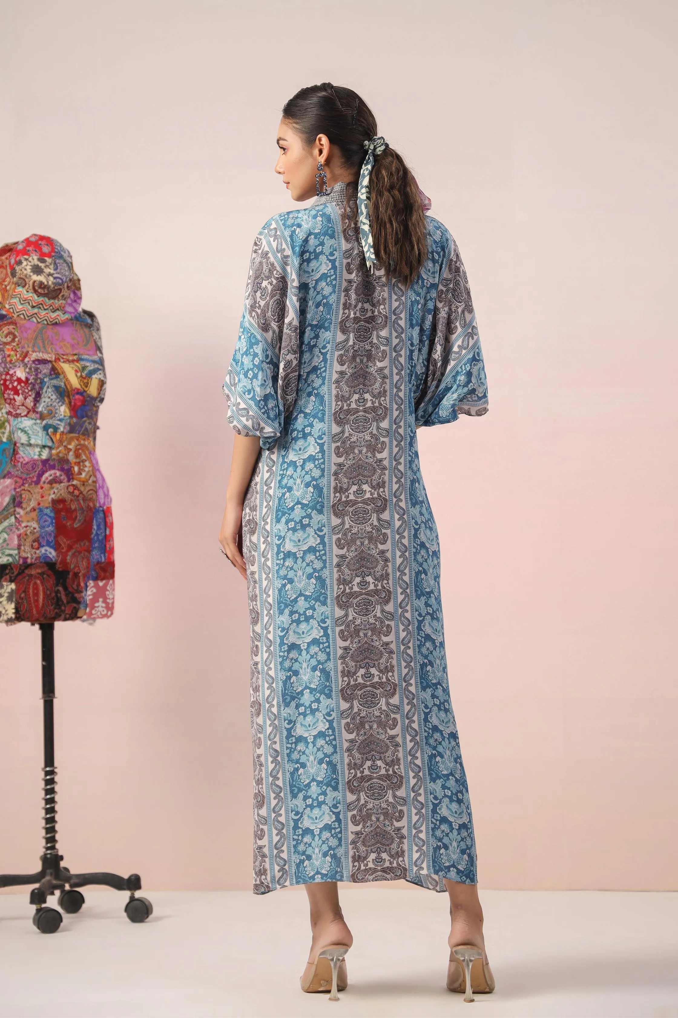 Sky Blue Ethnic Printed Crepe Silk Dress