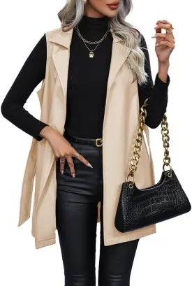 Solyinne Women's Faux Leather Long PU Vest Sleeveless Open Front PU Leather Vest Jacket with Belt