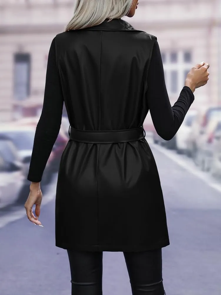 Solyinne Women's Faux Leather Long PU Vest Sleeveless Open Front PU Leather Vest Jacket with Belt