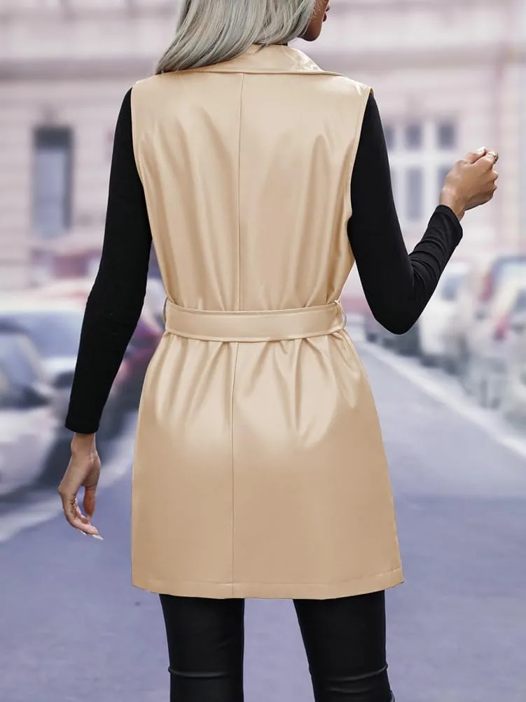 Solyinne Women's Faux Leather Long PU Vest Sleeveless Open Front PU Leather Vest Jacket with Belt
