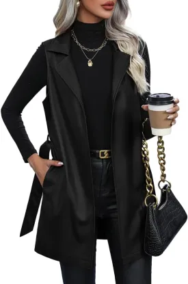 Solyinne Women's Faux Leather Long PU Vest Sleeveless Open Front PU Leather Vest Jacket with Belt