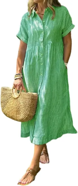 Striped Lapel Button Down Shirt Dress, Summer Casual Button up Short Sleeve Midi Long Shift Dress with Pockets