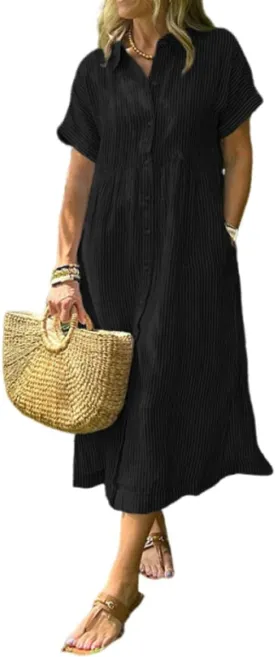 Striped Lapel Button Down Shirt Dress, Summer Casual Button up Short Sleeve Midi Long Shift Dress with Pockets