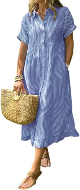 Striped Lapel Button Down Shirt Dress, Summer Casual Button up Short Sleeve Midi Long Shift Dress with Pockets