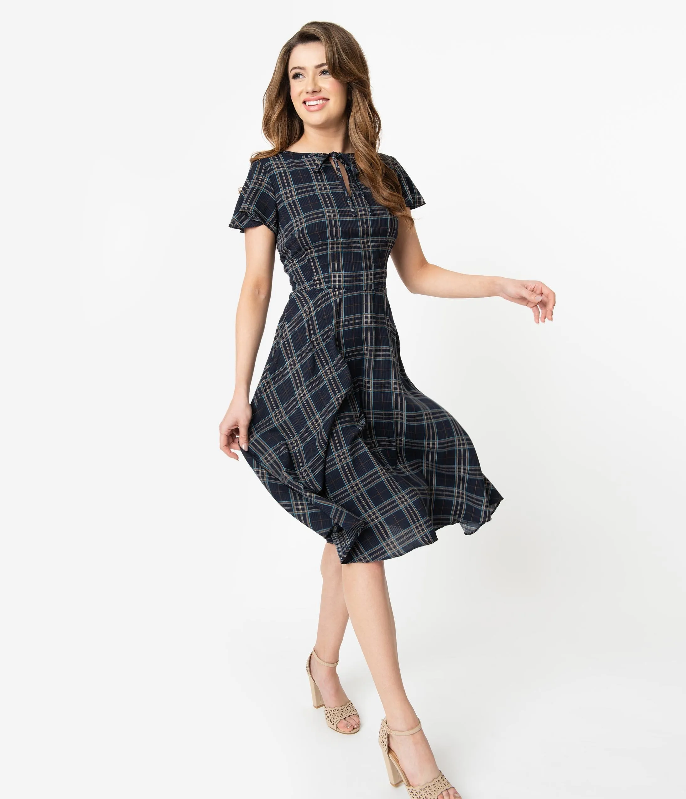 Unique Vintage 1940s Style Blue Plaid Formosa Swing Dress