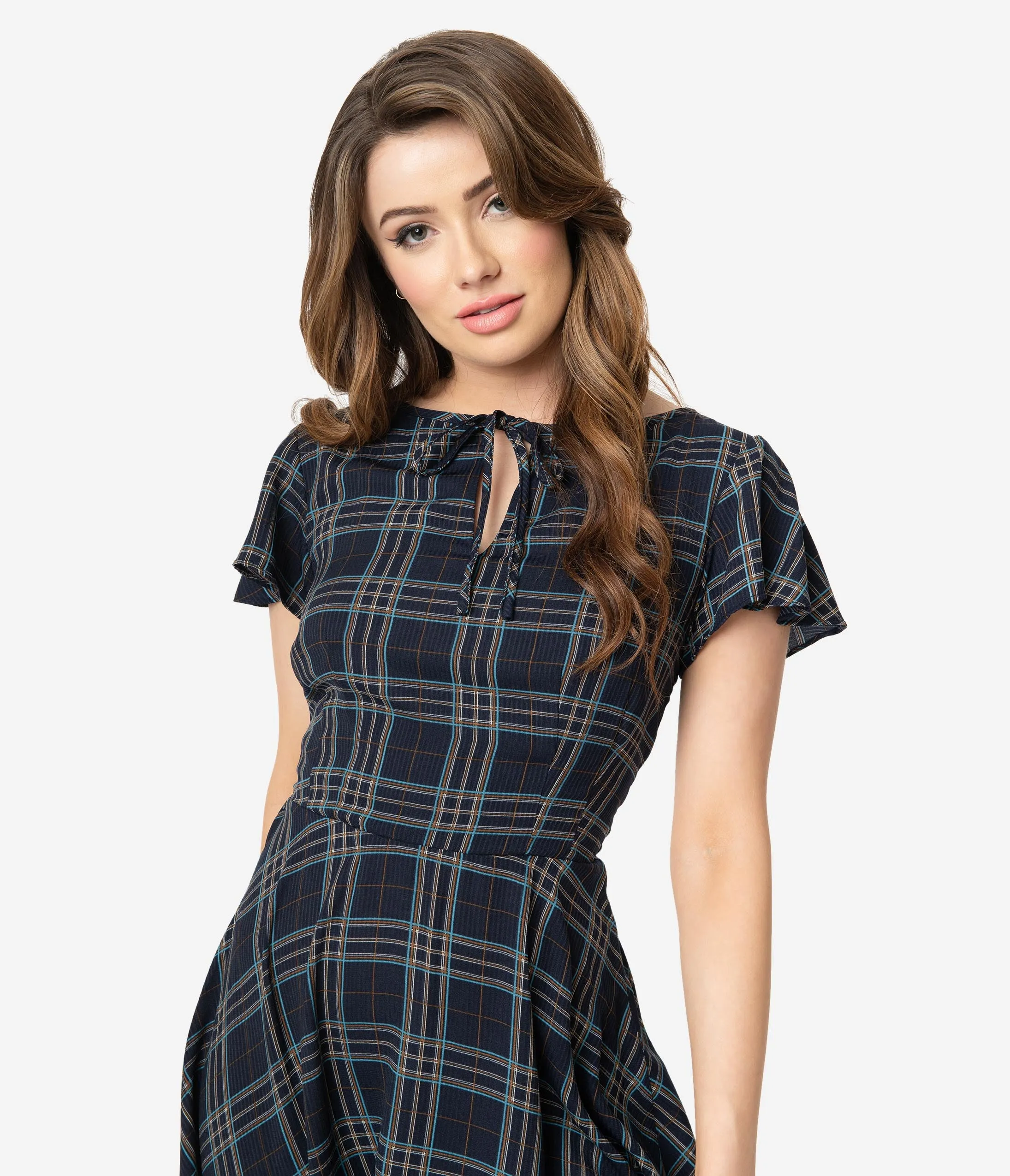 Unique Vintage 1940s Style Blue Plaid Formosa Swing Dress
