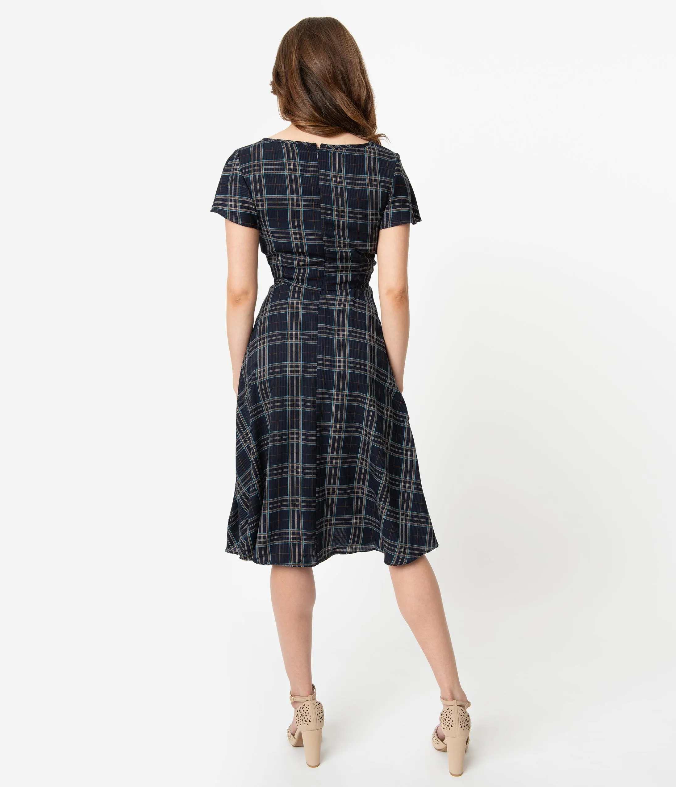 Unique Vintage 1940s Style Blue Plaid Formosa Swing Dress