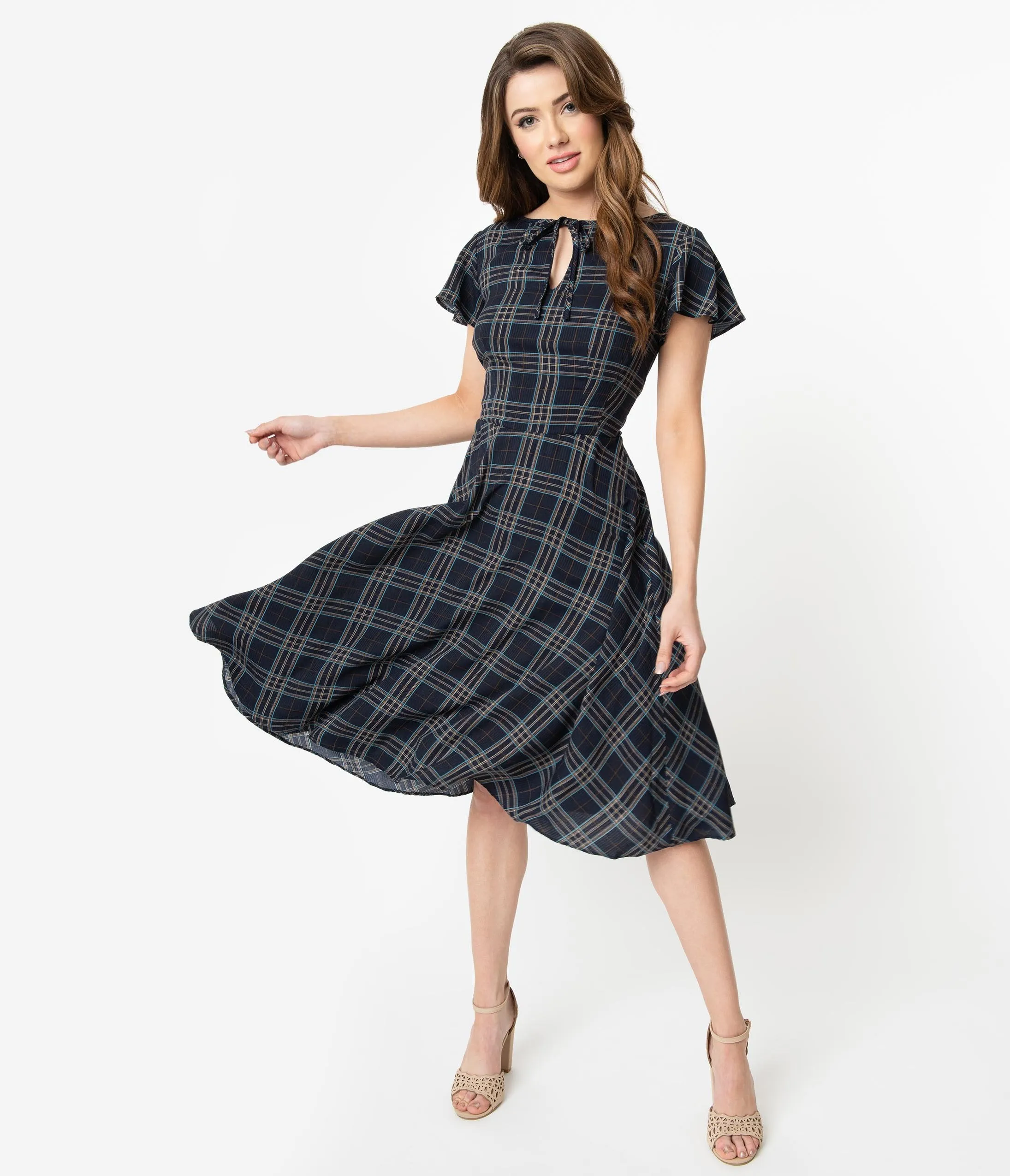 Unique Vintage 1940s Style Blue Plaid Formosa Swing Dress