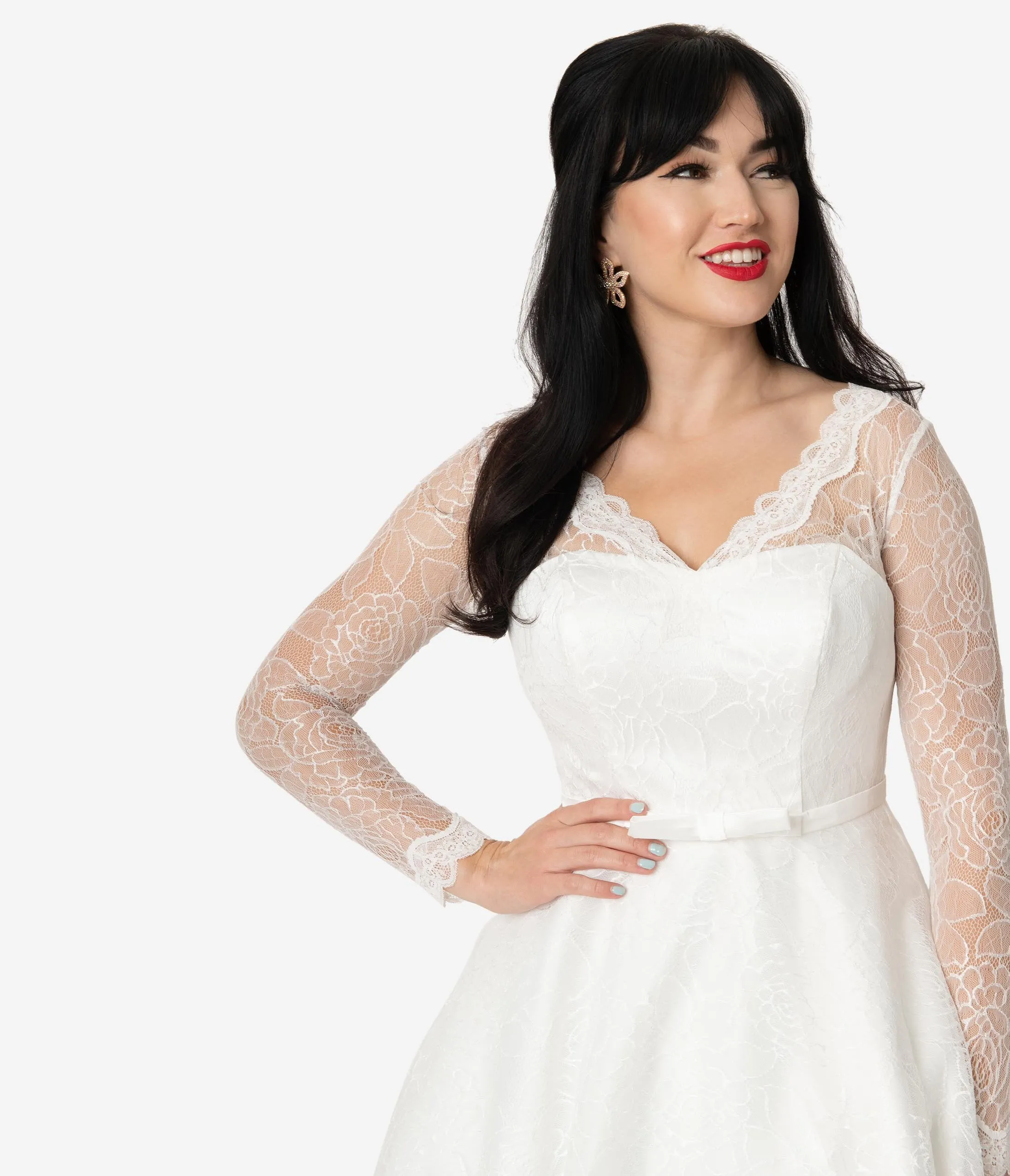 Unique Vintage 1950s Ivory Lace Long Sleeve Martinique Bridal Dress
