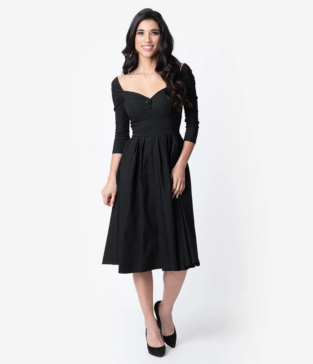 Unique Vintage 1950s Style Black Bengaline Sweetheart Lamar Swing Dress