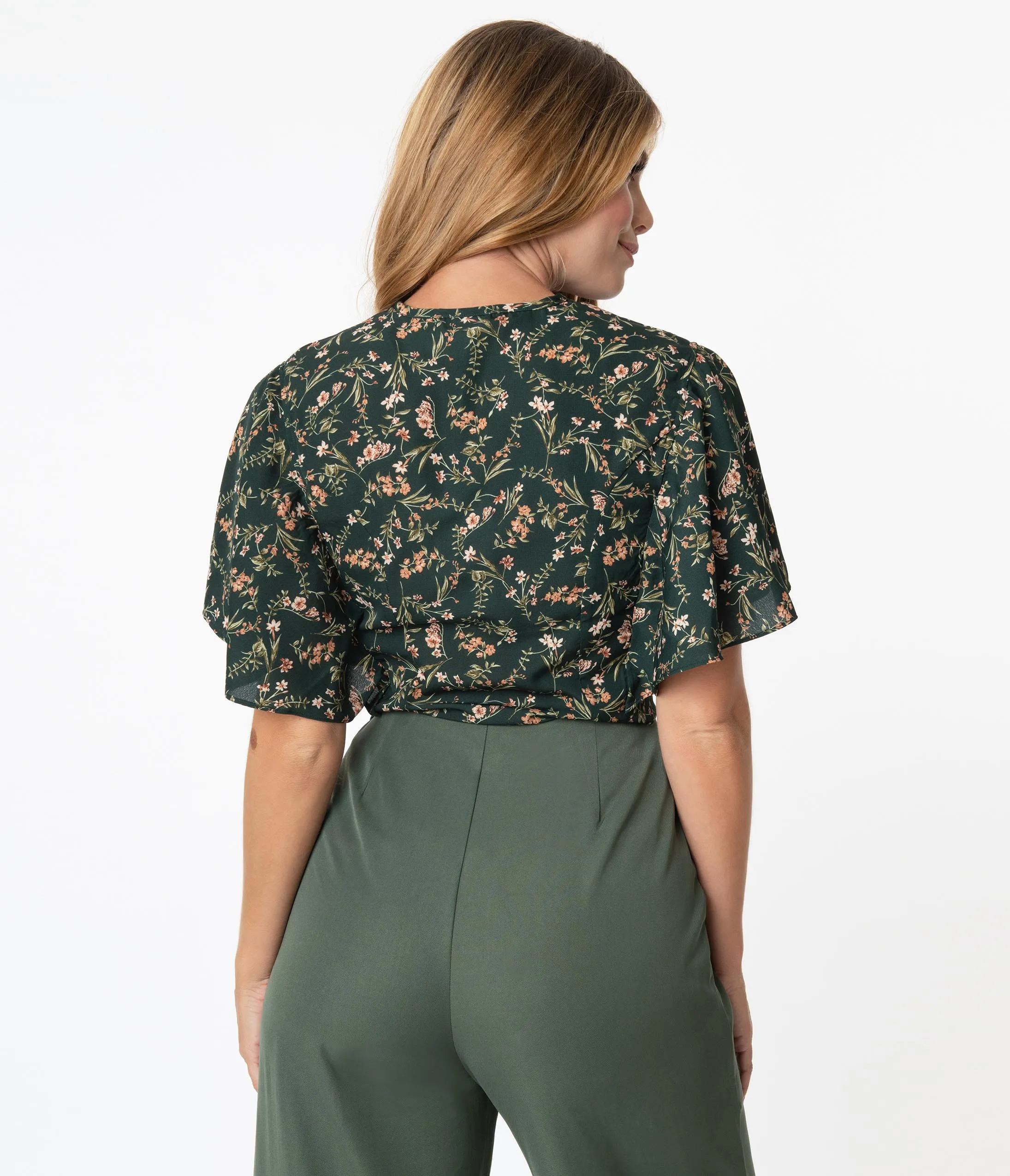 Unique Vintage Dark Green Wildflower Print Butterfly Cecilia Blouse