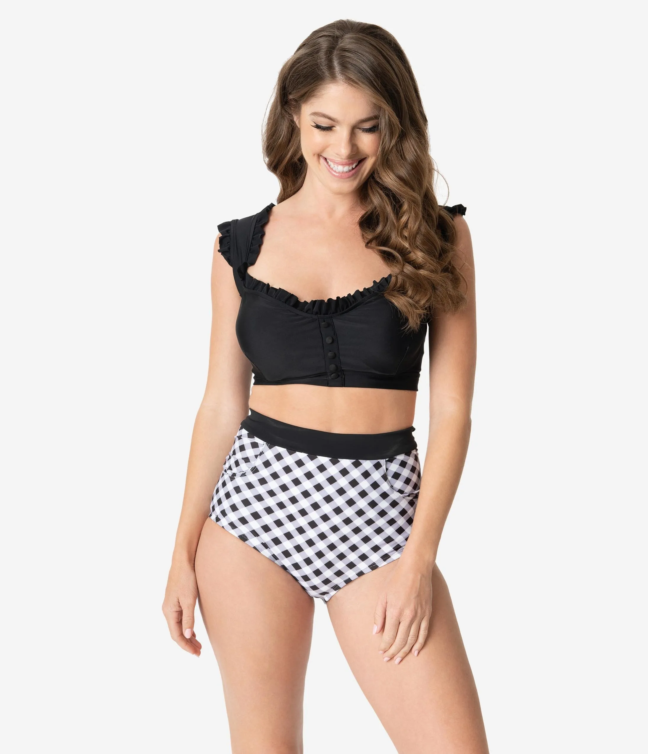 Unique Vintage Mrs. Cooper Black & White Gingham Sailor Swim Shorts