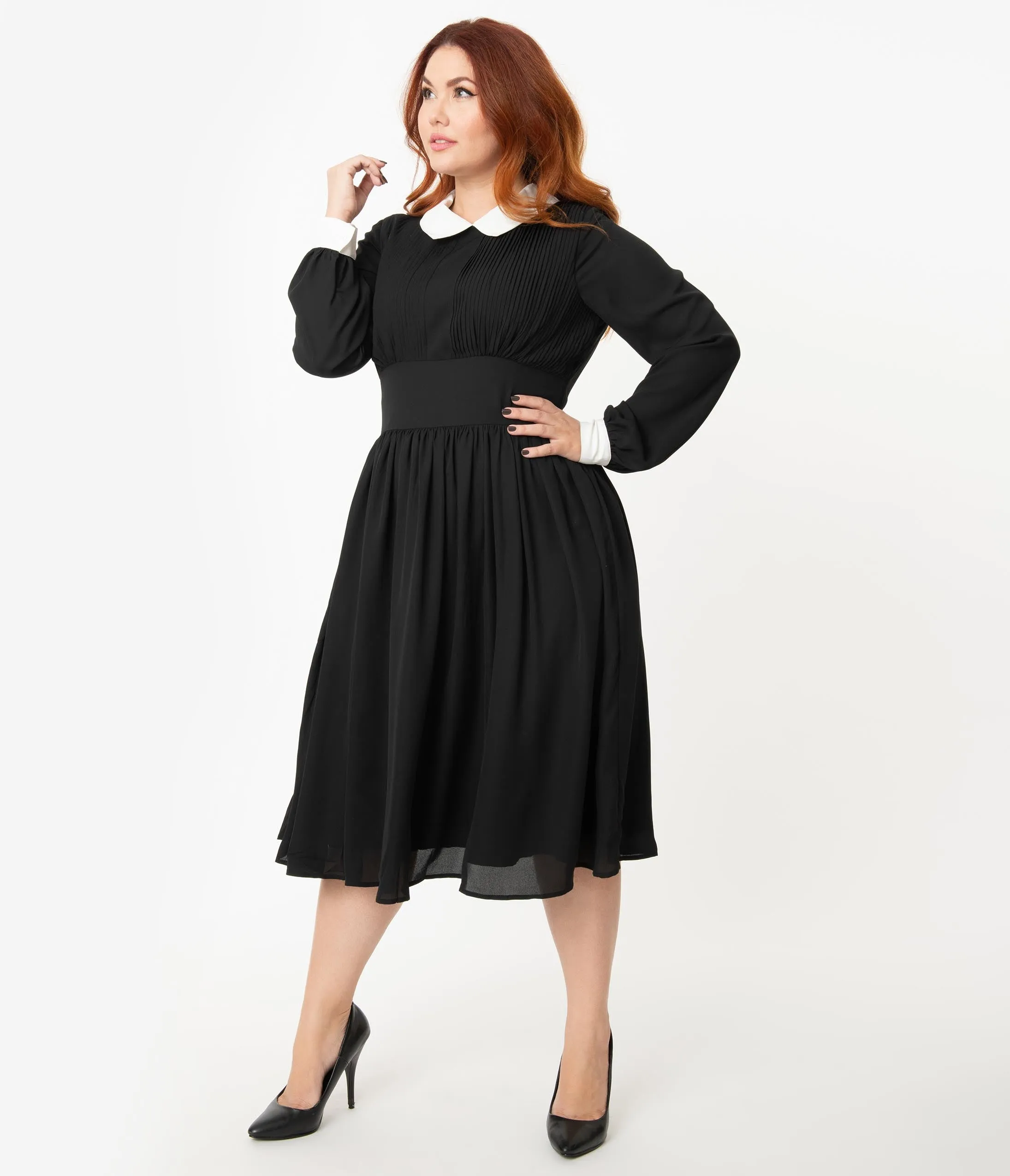 Unique Vintage Plus Size 1940s Style Black & White Deirdre Shirt Dress