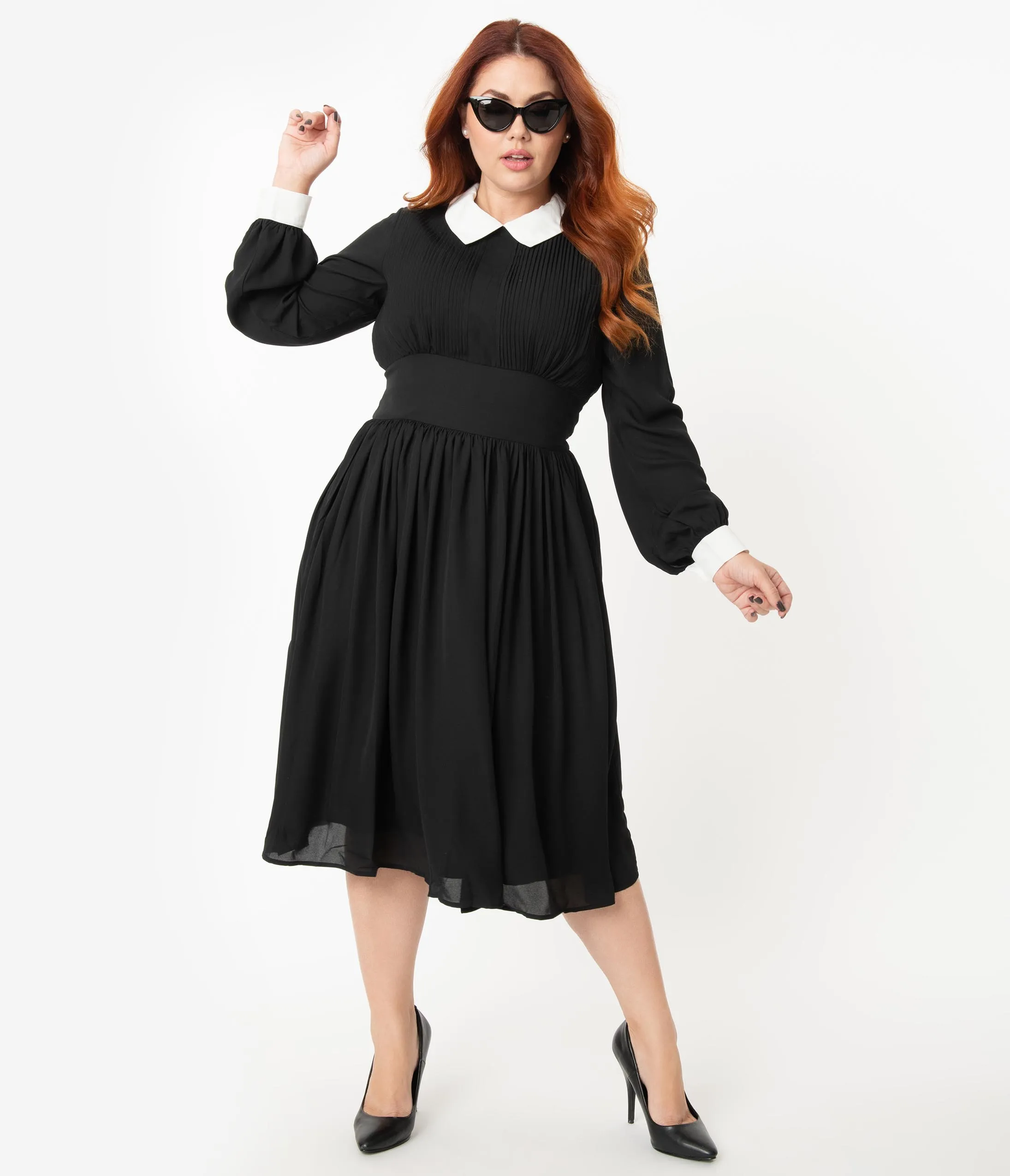 Unique Vintage Plus Size 1940s Style Black & White Deirdre Shirt Dress