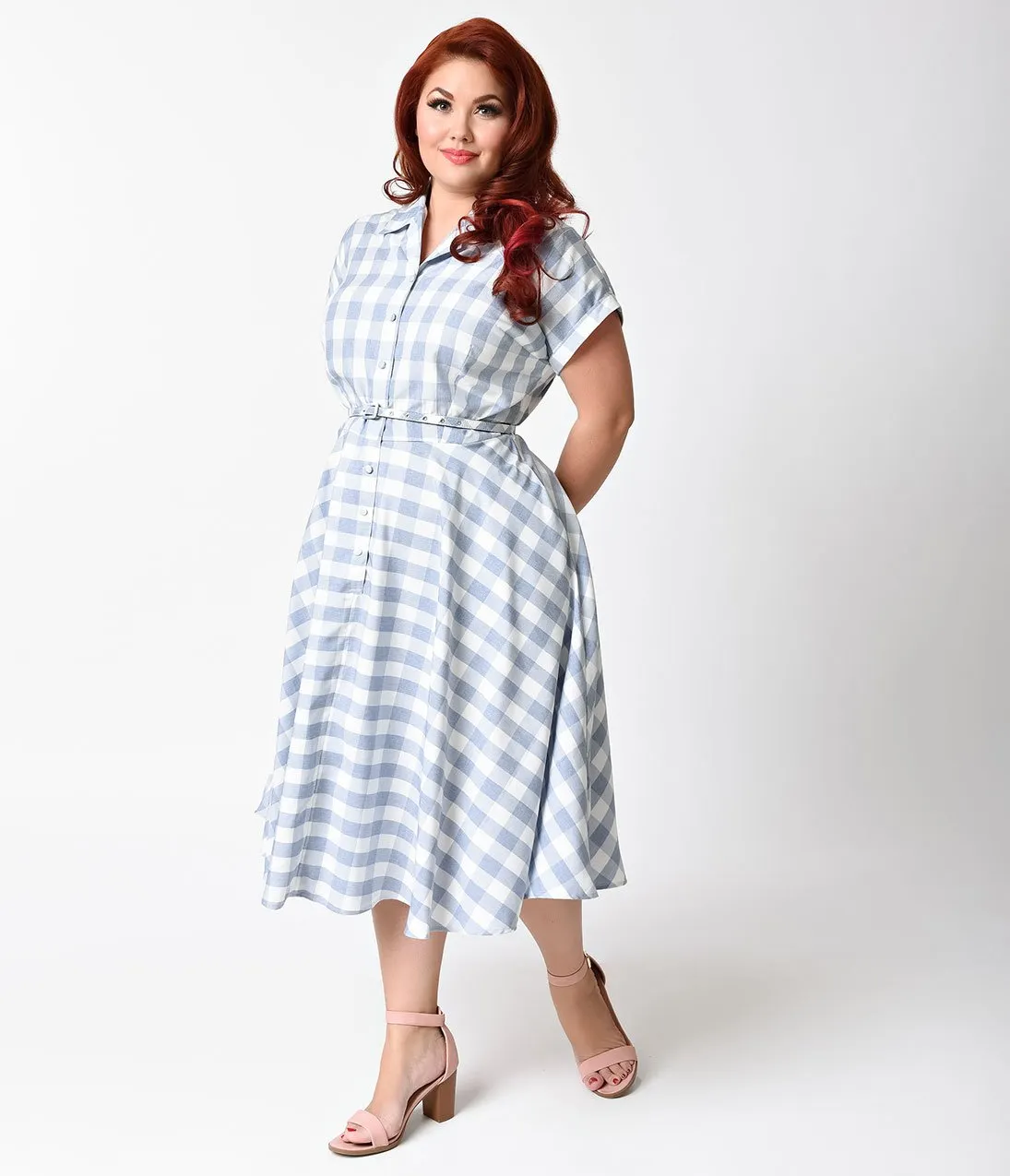 Unique Vintage Plus Size 1950s Style Light Blue & White Gingham Alexis Swing Dress