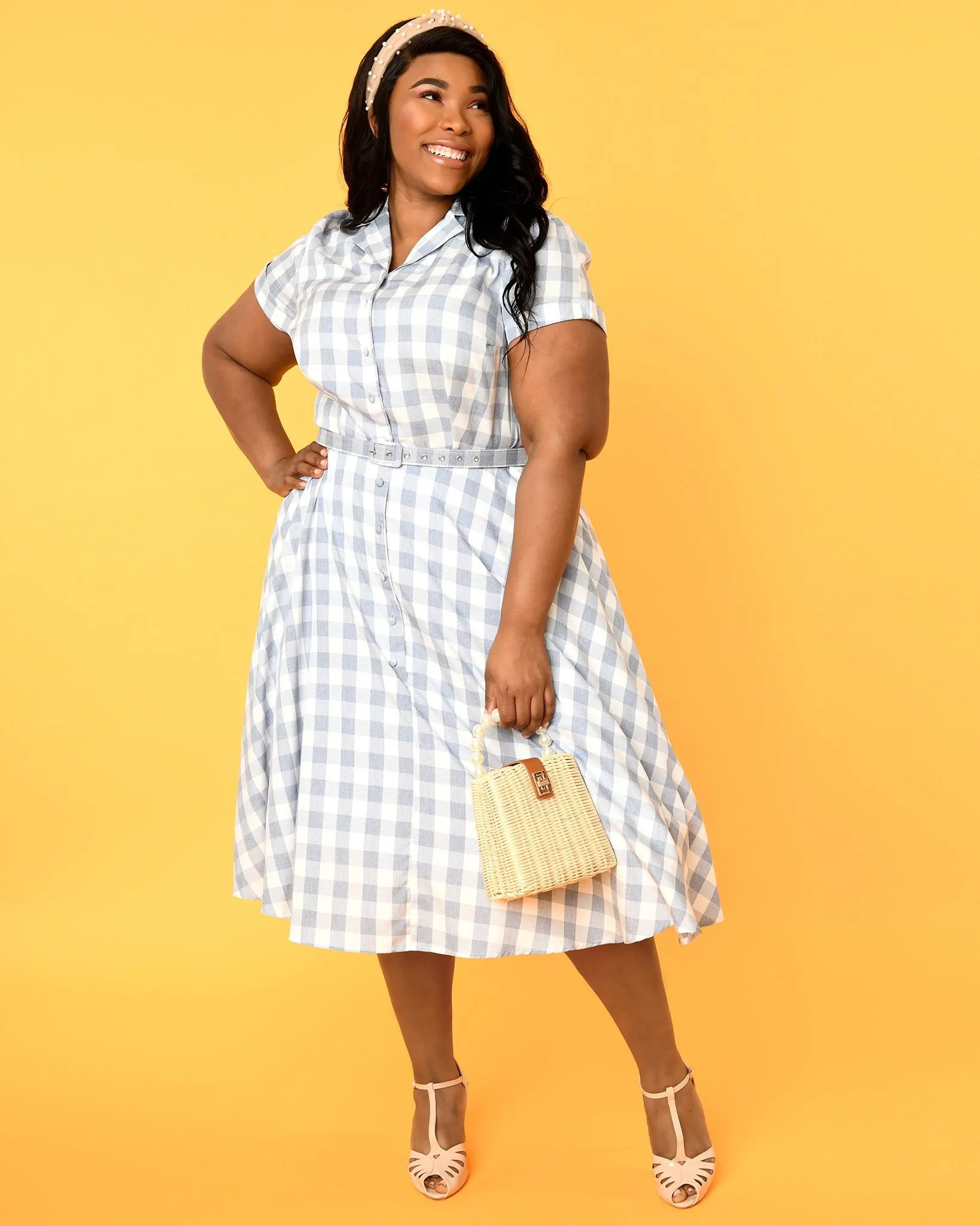 Unique Vintage Plus Size 1950s Style Light Blue & White Gingham Alexis Swing Dress