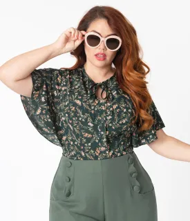 Unique Vintage Plus Size Dark Green Wildflower Print Butterfly Cecilia Blouse