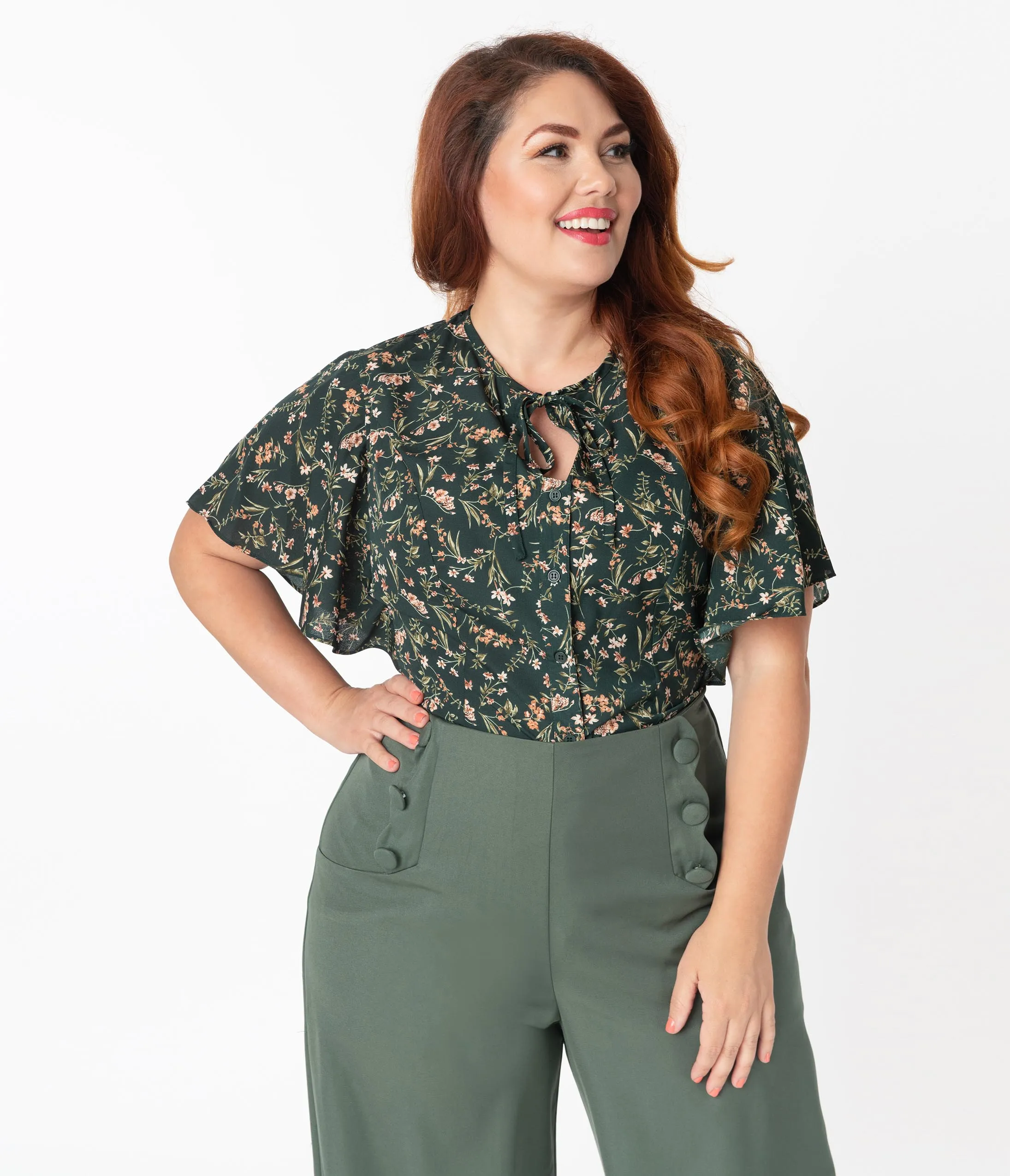 Unique Vintage Plus Size Dark Green Wildflower Print Butterfly Cecilia Blouse