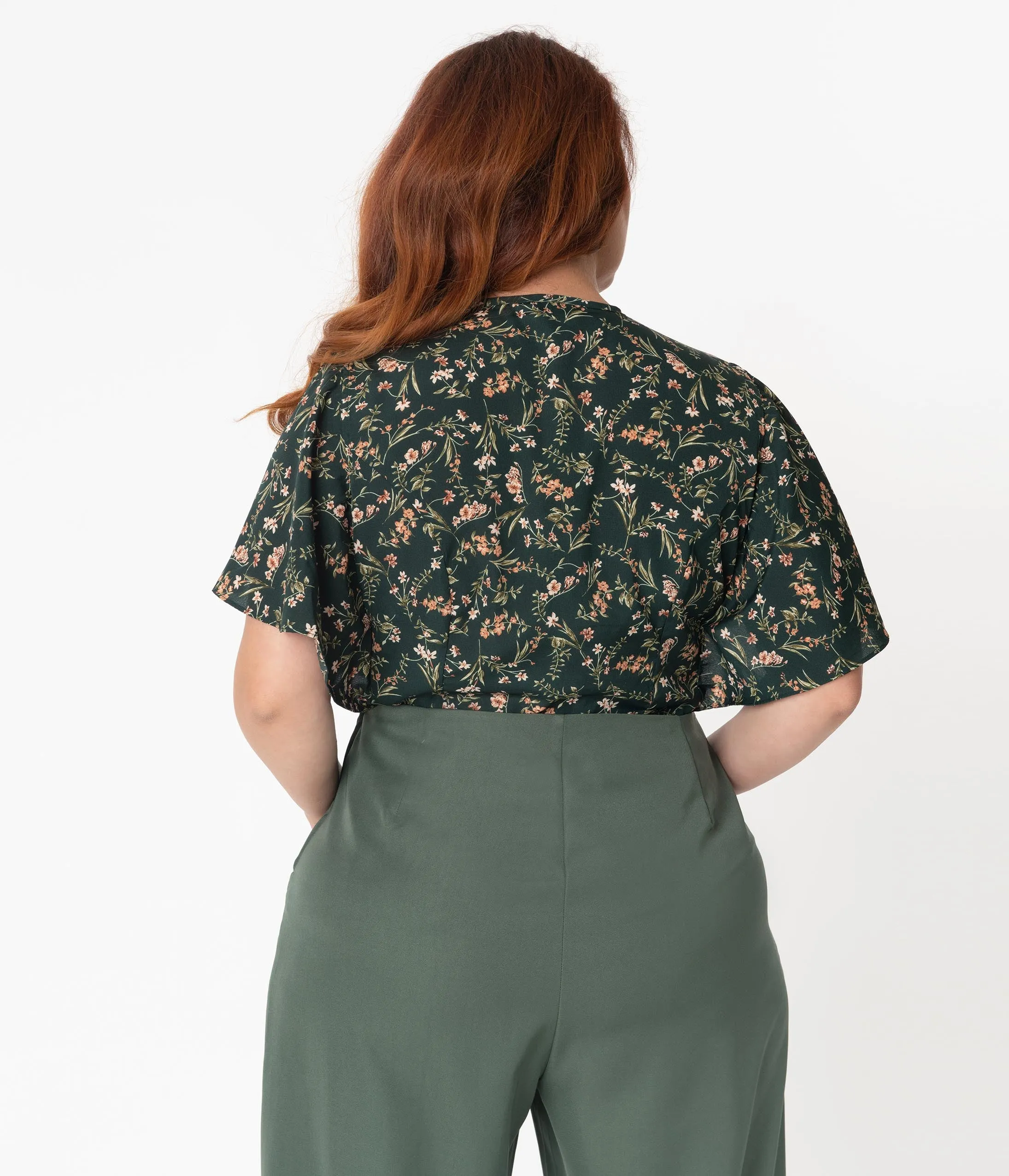 Unique Vintage Plus Size Dark Green Wildflower Print Butterfly Cecilia Blouse