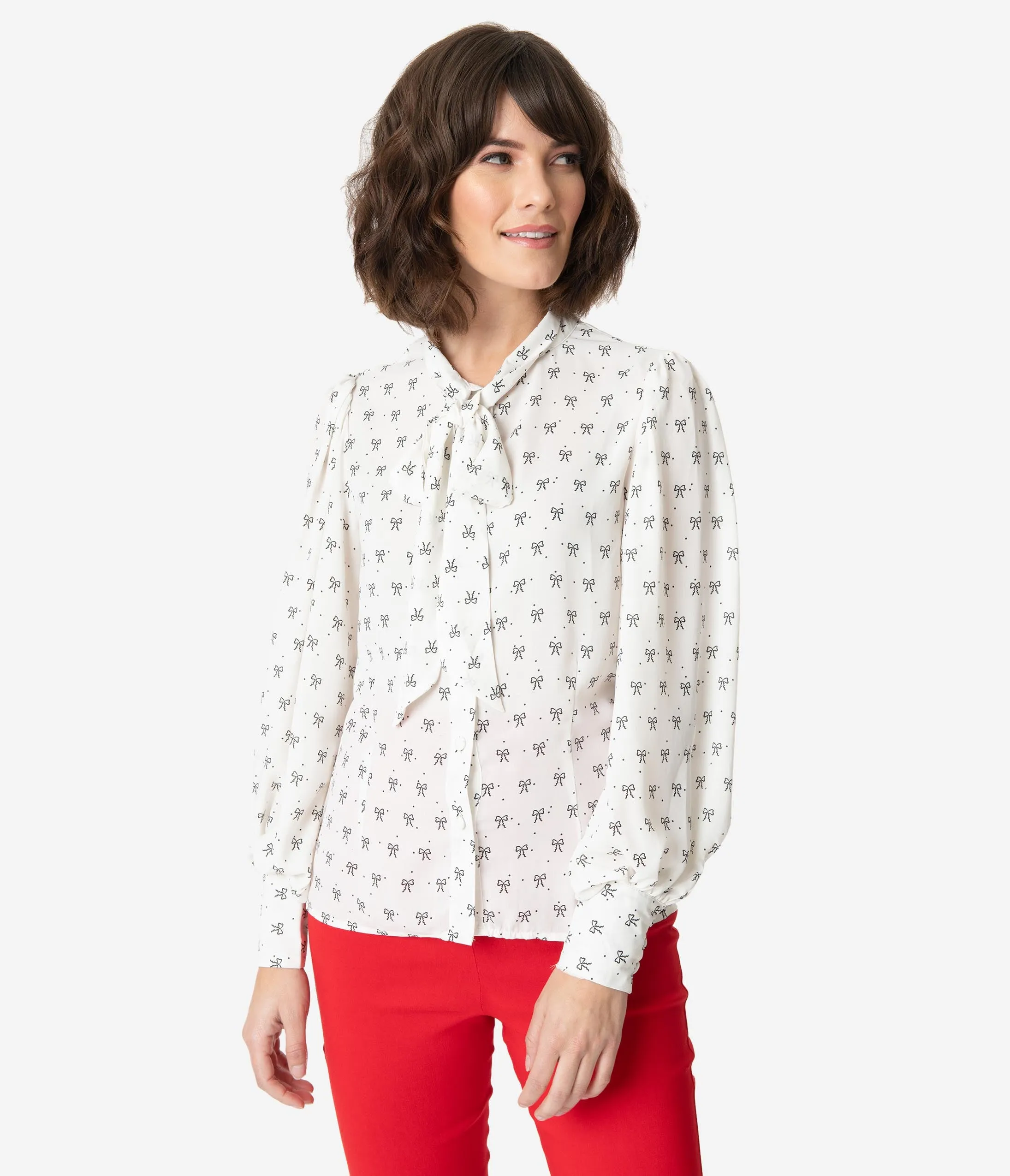 Unique Vintage White & Black Bow Print Gwen Blouse