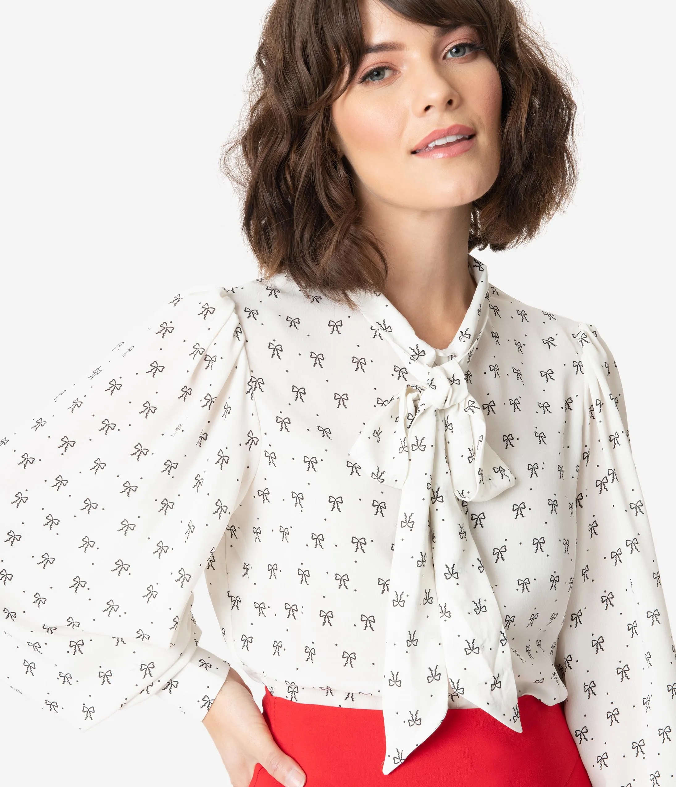 Unique Vintage White & Black Bow Print Gwen Blouse