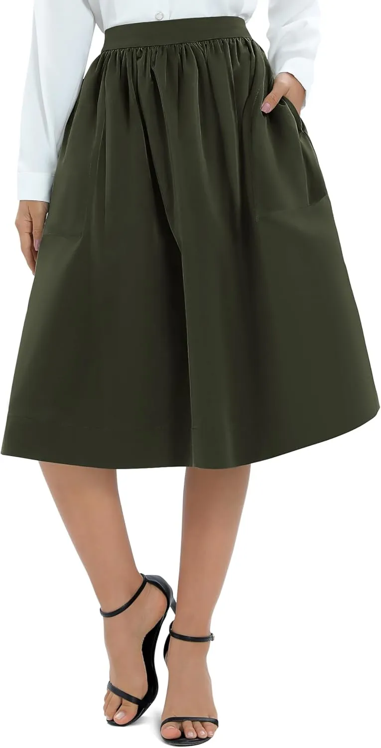Urban CoCo Women's Casual Elastic Waist Vintage A-Line Pleated Flared Midi Skirt with Pockets