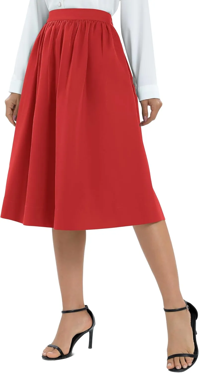 Urban CoCo Women's Casual Elastic Waist Vintage A-Line Pleated Flared Midi Skirt with Pockets