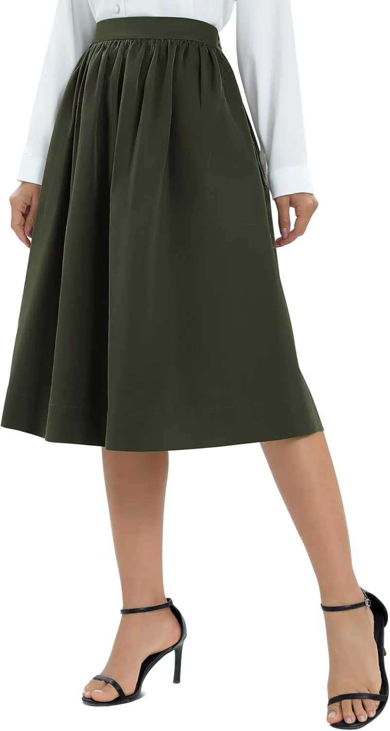 Urban CoCo Women's Casual Elastic Waist Vintage A-Line Pleated Flared Midi Skirt with Pockets