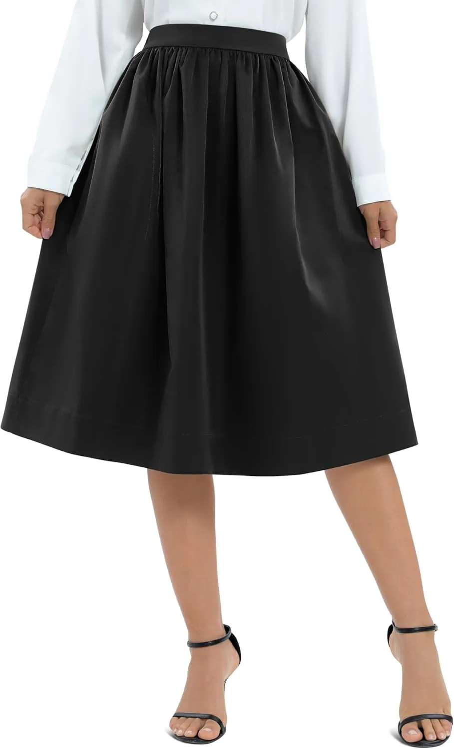 Urban CoCo Women's Casual Elastic Waist Vintage A-Line Pleated Flared Midi Skirt with Pockets