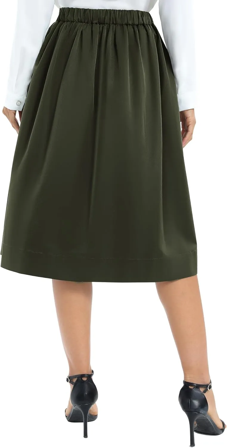 Urban CoCo Women's Casual Elastic Waist Vintage A-Line Pleated Flared Midi Skirt with Pockets