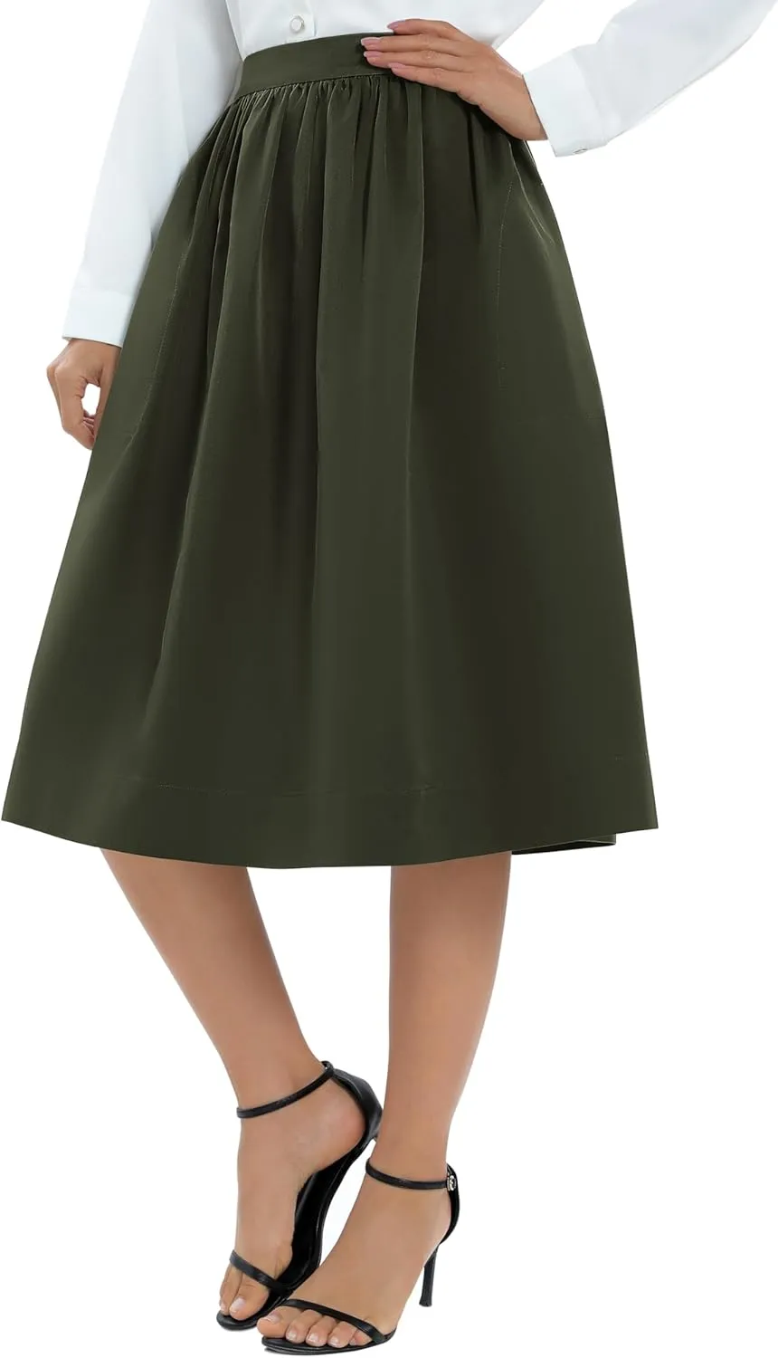 Urban CoCo Women's Casual Elastic Waist Vintage A-Line Pleated Flared Midi Skirt with Pockets