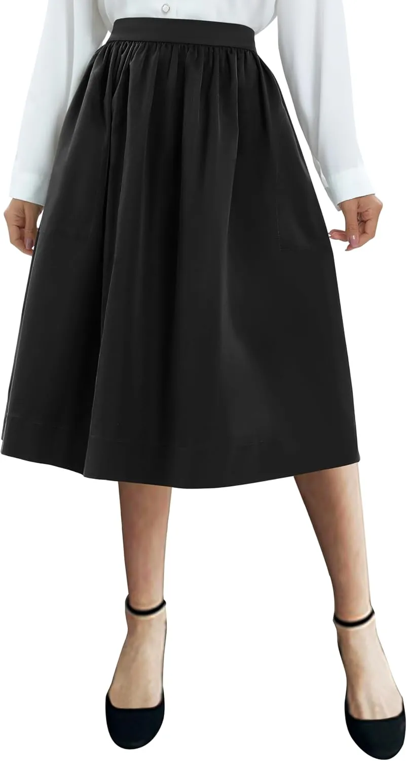 Urban CoCo Women's Casual Elastic Waist Vintage A-Line Pleated Flared Midi Skirt with Pockets