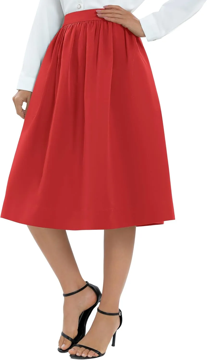 Urban CoCo Women's Casual Elastic Waist Vintage A-Line Pleated Flared Midi Skirt with Pockets