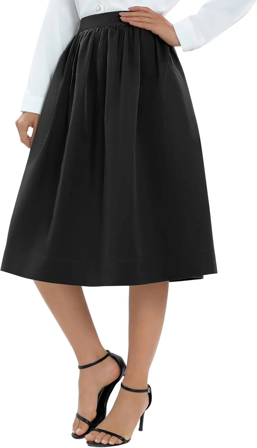 Urban CoCo Women's Casual Elastic Waist Vintage A-Line Pleated Flared Midi Skirt with Pockets