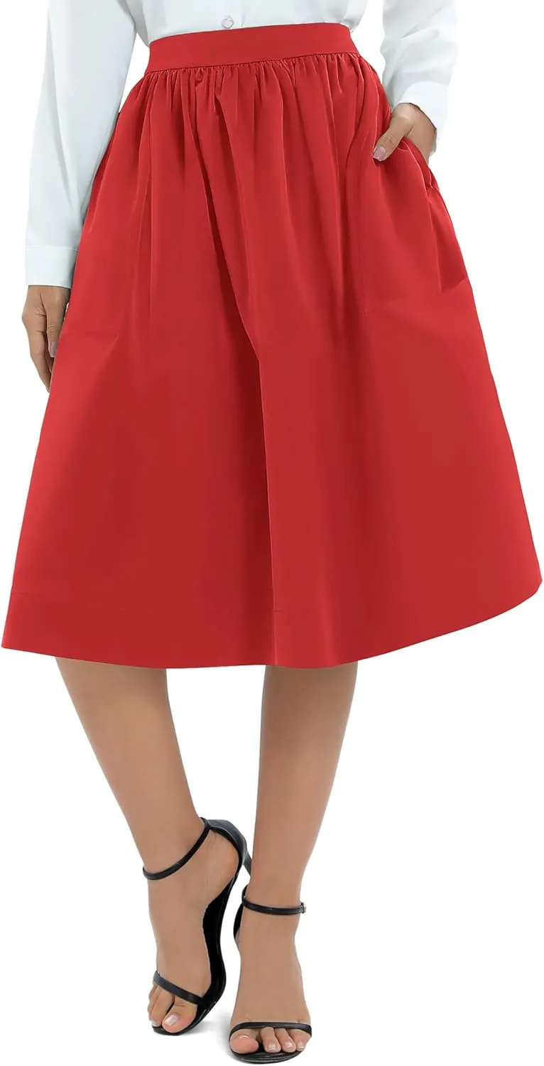 Urban CoCo Women's Casual Elastic Waist Vintage A-Line Pleated Flared Midi Skirt with Pockets