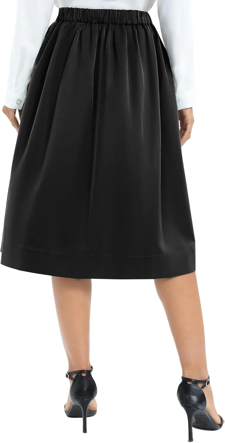 Urban CoCo Women's Casual Elastic Waist Vintage A-Line Pleated Flared Midi Skirt with Pockets