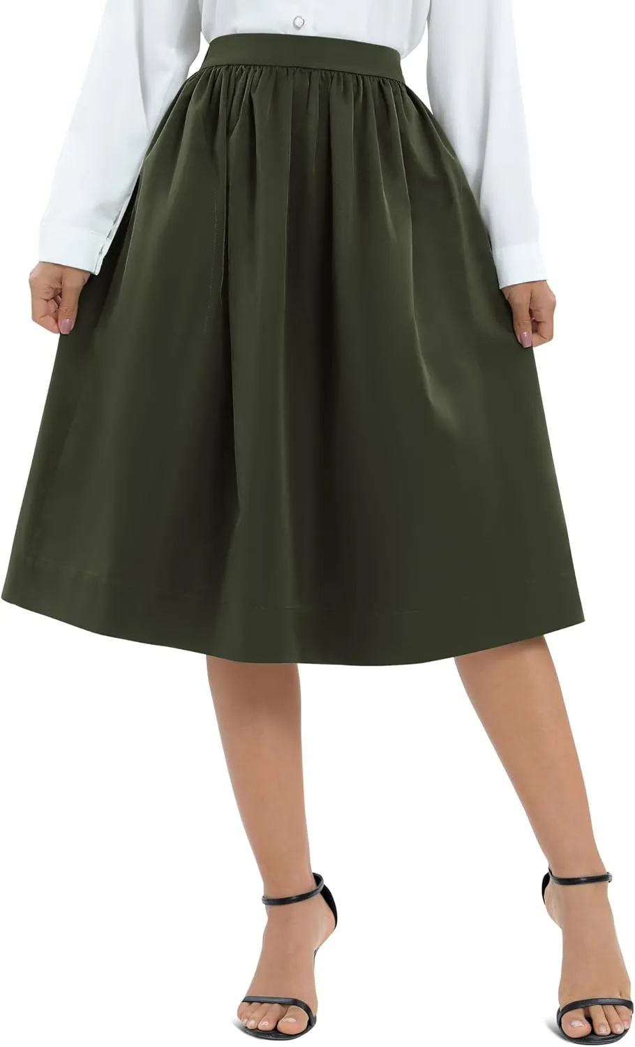 Urban CoCo Women's Casual Elastic Waist Vintage A-Line Pleated Flared Midi Skirt with Pockets