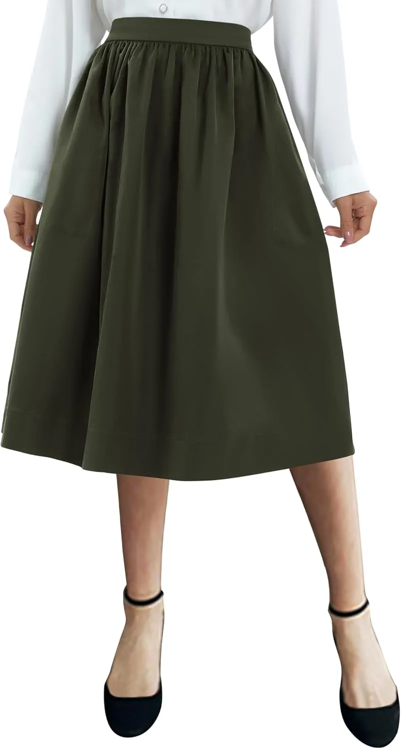 Urban CoCo Women's Casual Elastic Waist Vintage A-Line Pleated Flared Midi Skirt with Pockets