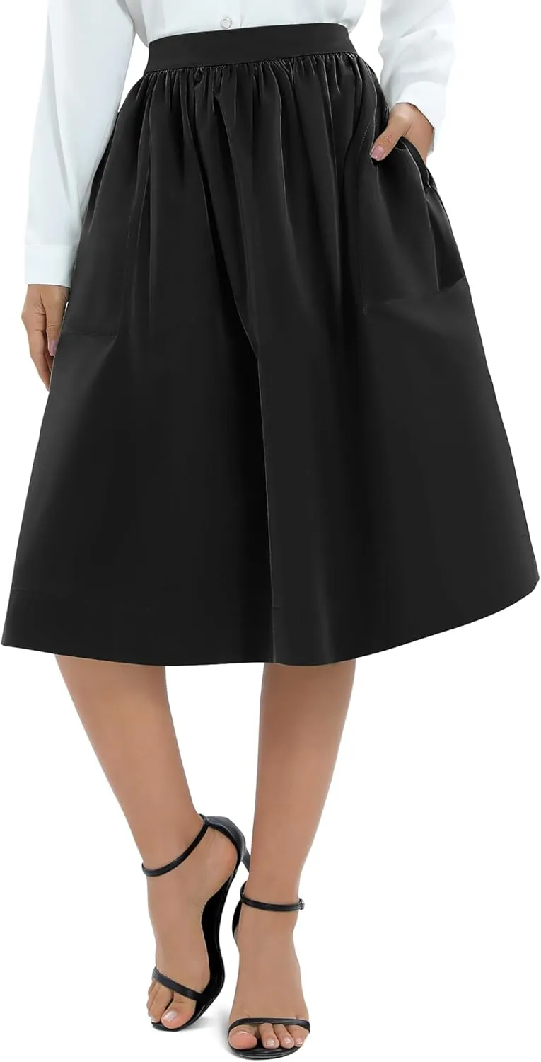 Urban CoCo Women's Casual Elastic Waist Vintage A-Line Pleated Flared Midi Skirt with Pockets