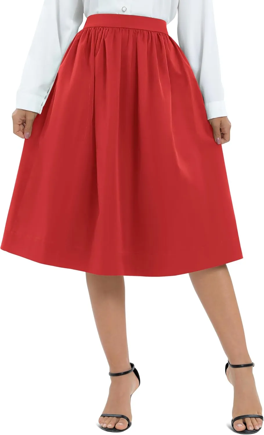Urban CoCo Women's Casual Elastic Waist Vintage A-Line Pleated Flared Midi Skirt with Pockets