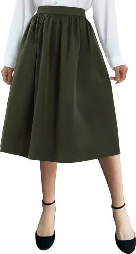 Urban CoCo Women's Casual Elastic Waist Vintage A-Line Pleated Flared Midi Skirt with Pockets