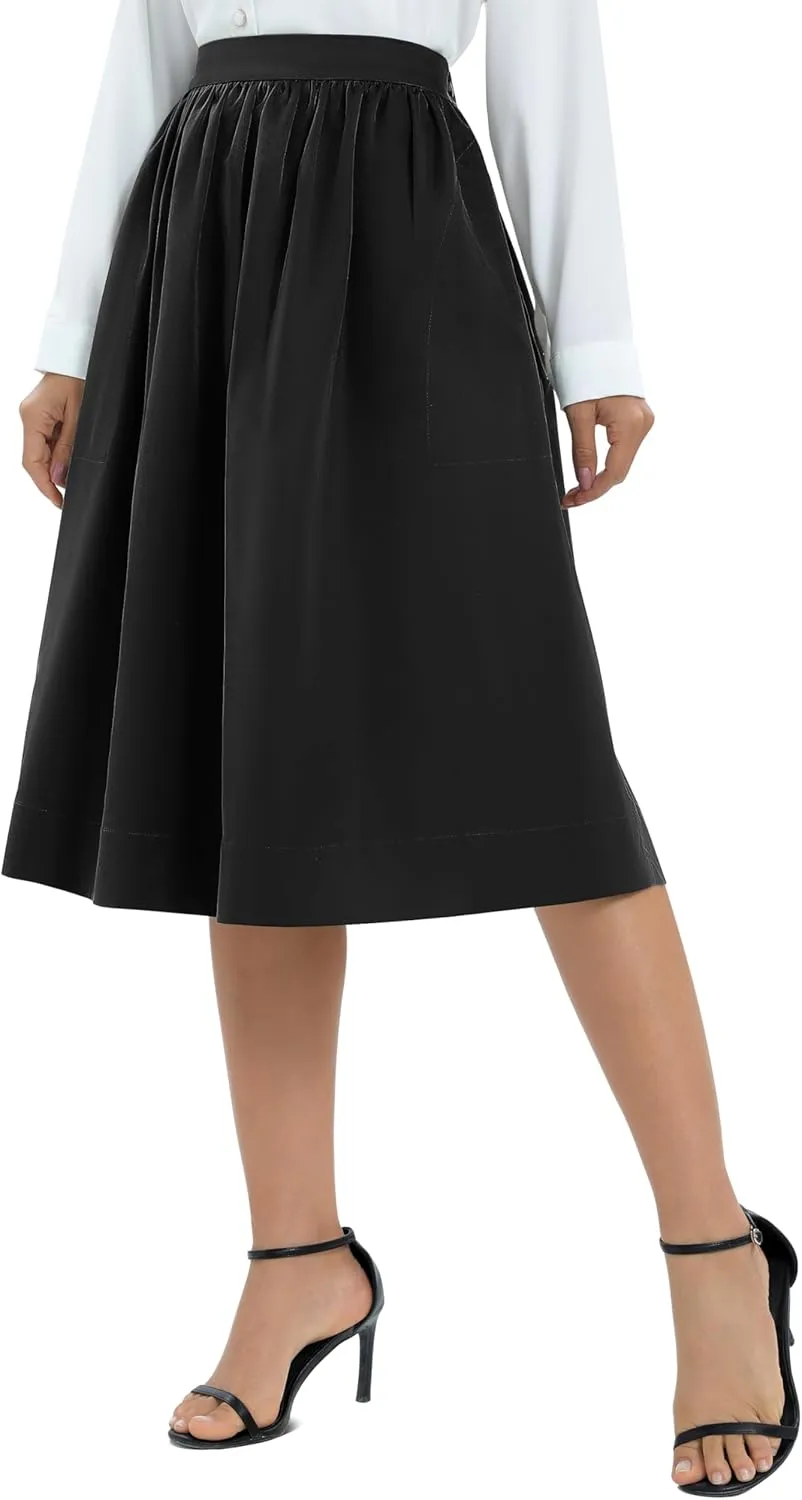Urban CoCo Women's Casual Elastic Waist Vintage A-Line Pleated Flared Midi Skirt with Pockets