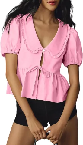 utcoco Women Tie Front Tops Puff Sleeve Peplum Babydoll Shirts Peter Pan Collar Coquette Blouses Cute Going Out Tops